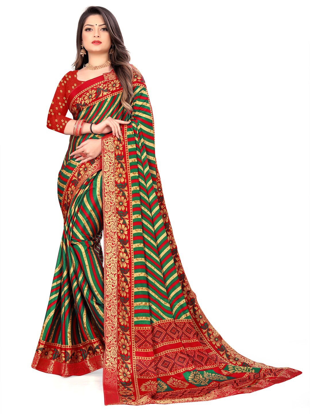 

LAHEJA Green & Red Striped Silk Blend Saree