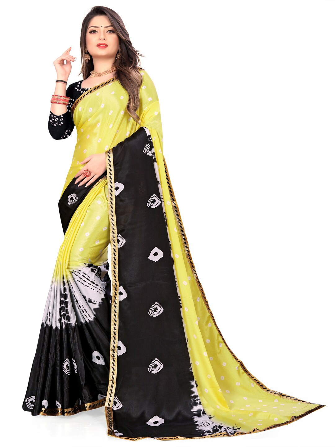 

LAHEJA Yellow & Black WOMEN Bandhani Zari Silk Blend Saree