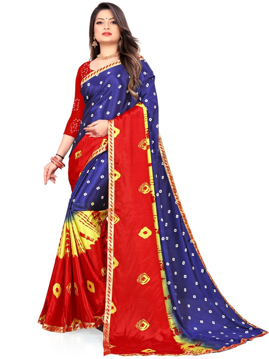 

LAHEJA Navy Blue & Red WOMEN Ethnic Motifs Silk Blend Saree