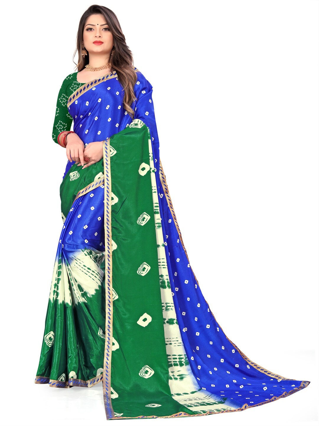 

LAHEJA Blue & Green Bandhani Silk Blend Saree