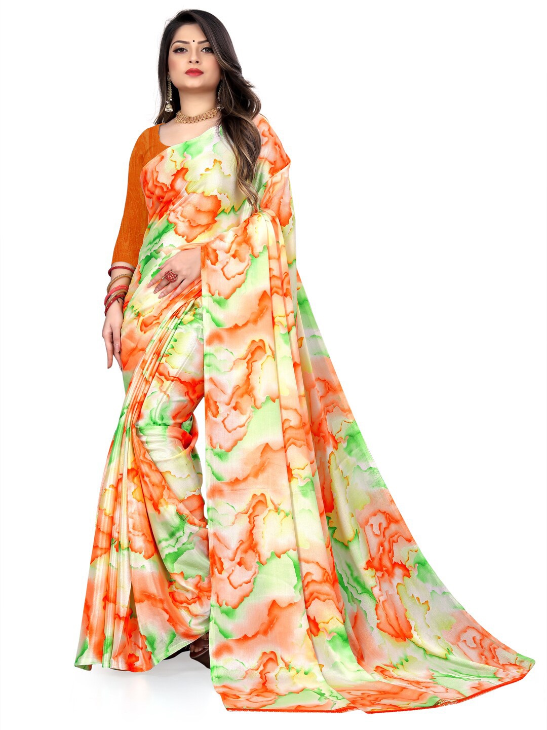 

LAHEJA Orange & Green Tie and Dye Zari Silk Blend Saree
