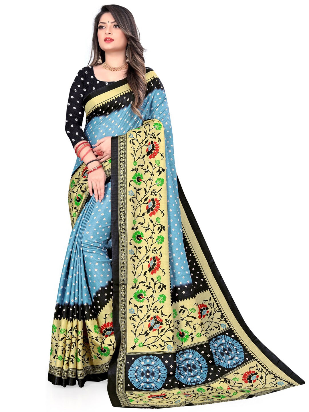 

LAHEJA Blue & Beige Floral Silk Blend Saree