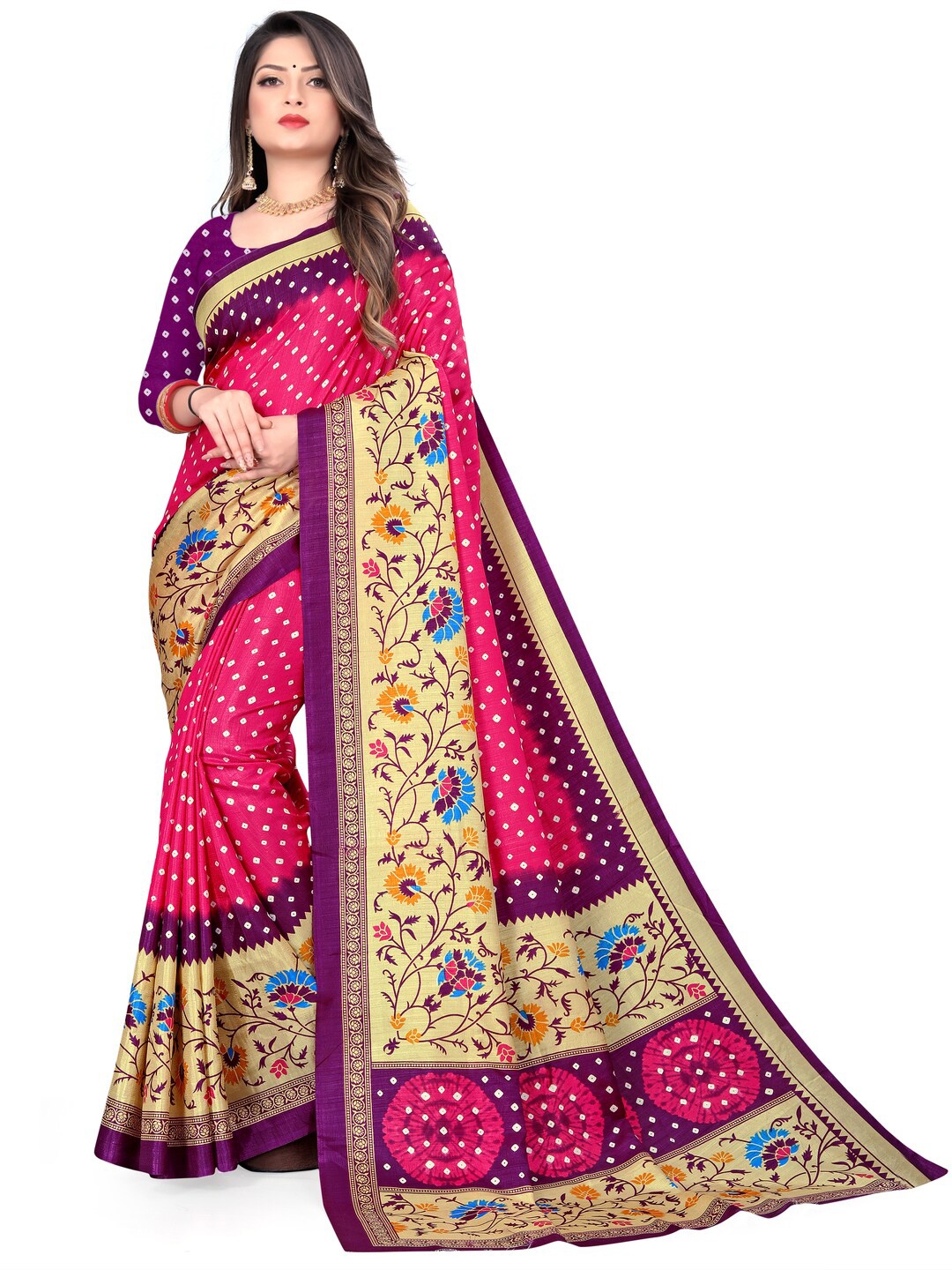 

LAHEJA Pink & Beige Floral Silk Blend Saree