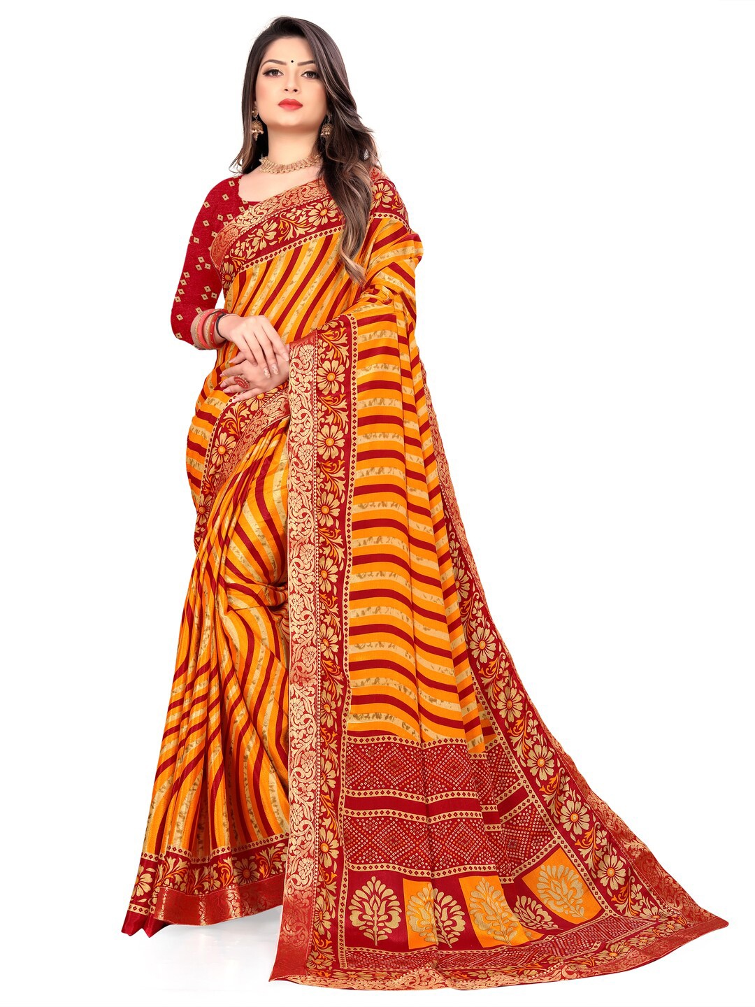 

LAHEJA Orange & Red Striped Silk Blend Saree