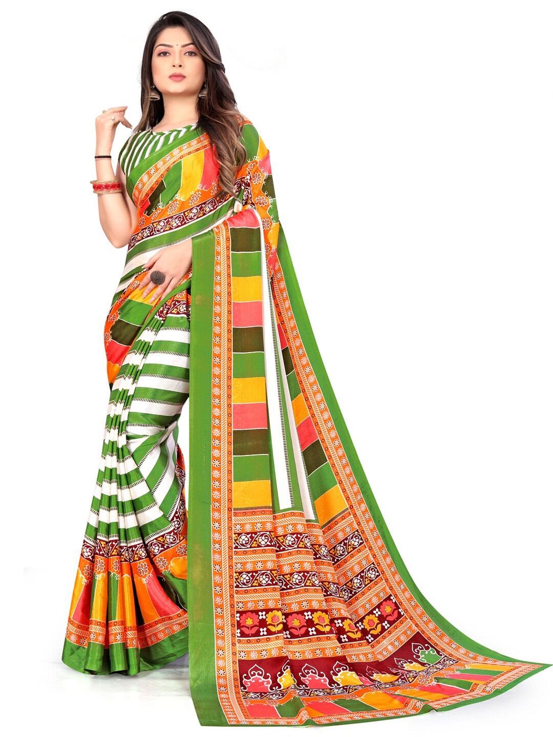 

LAHEJA Lime Green & White Striped Silk Blend Saree