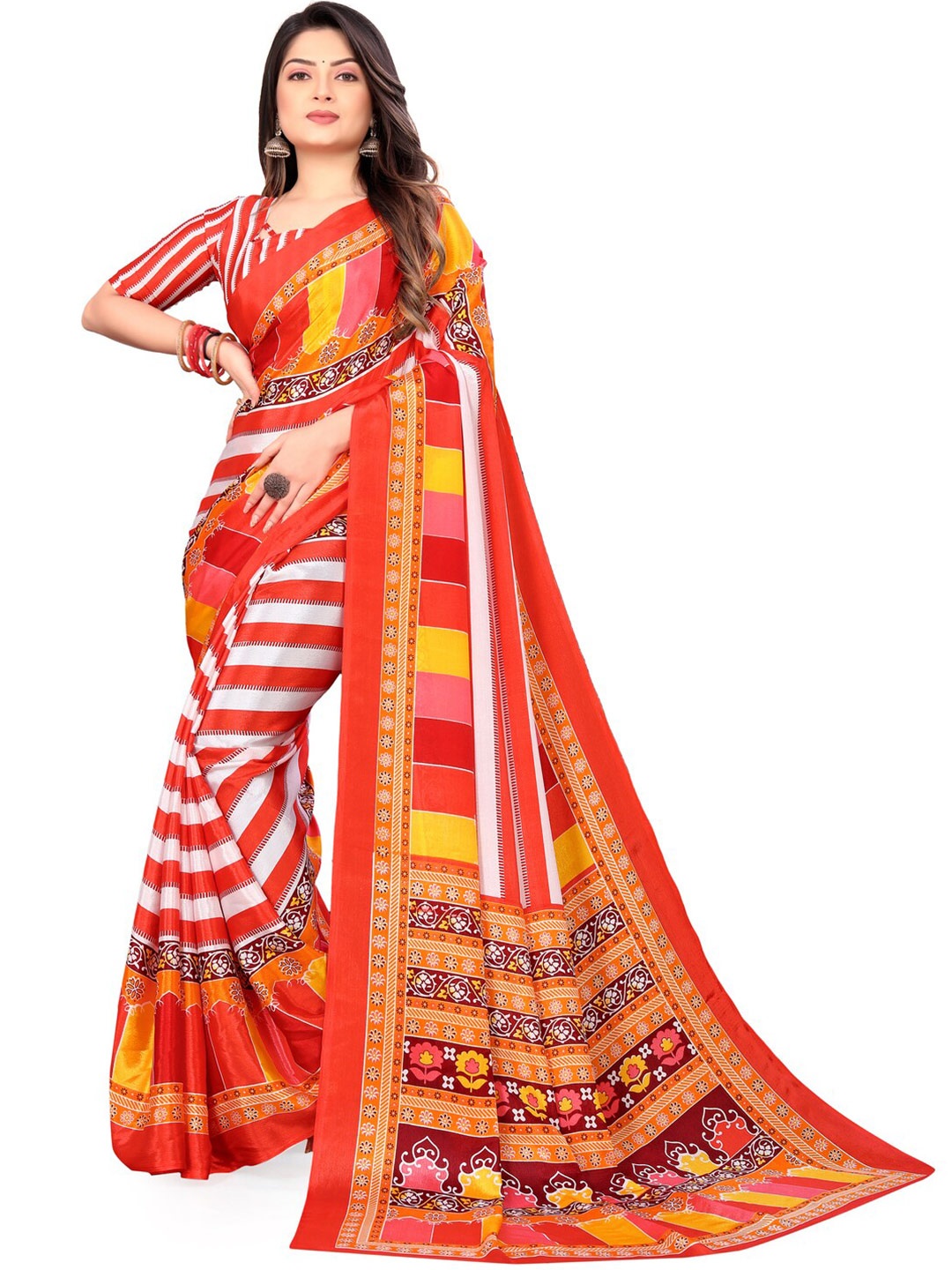 

LAHEJA Red & White Striped Silk Blend Saree with Unstiched Blouse