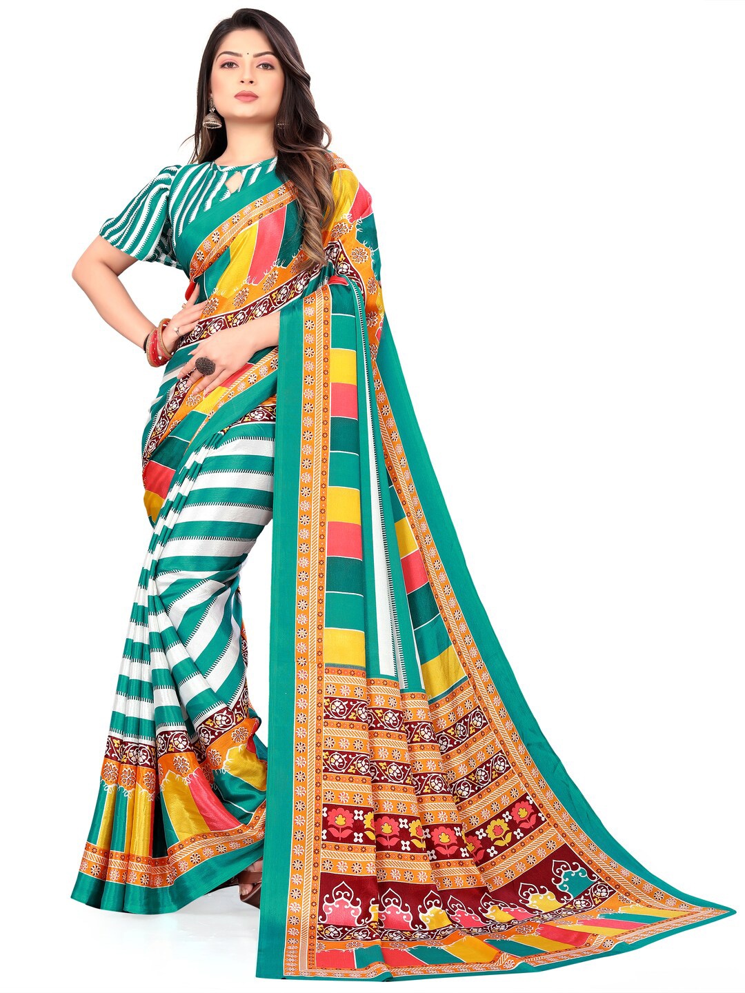

LAHEJA Green & Yellow Striped Silk Blend Saree with Unstiched Blouse