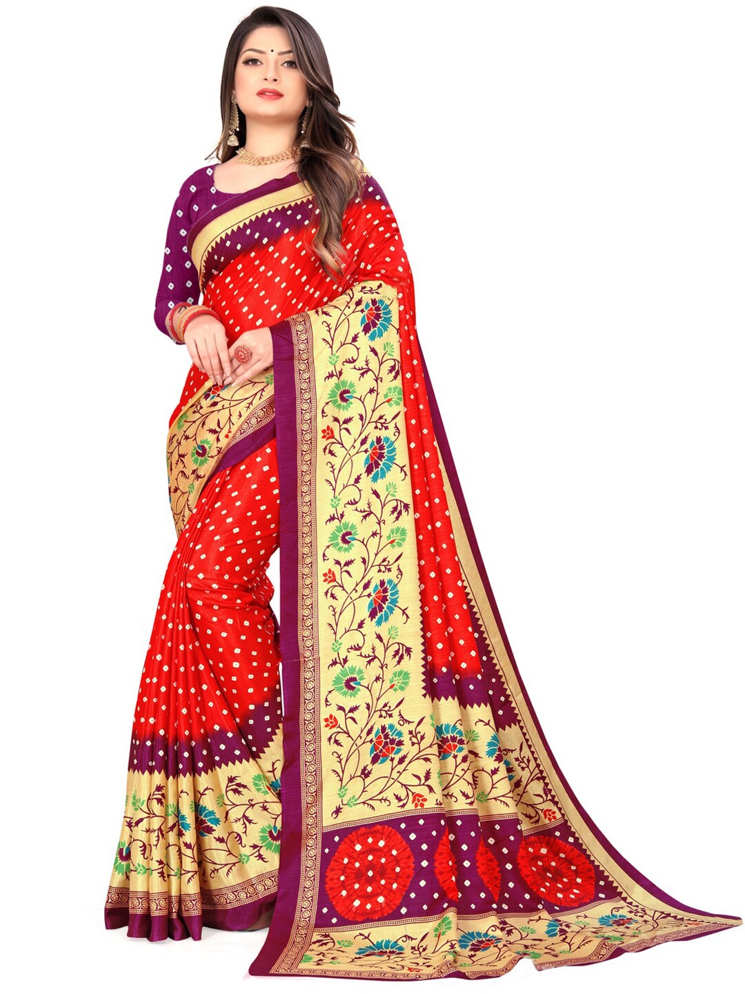 

LAHEJA Women Red & Magenta Floral Zari Silk Blend Saree with Unstiched Blouse