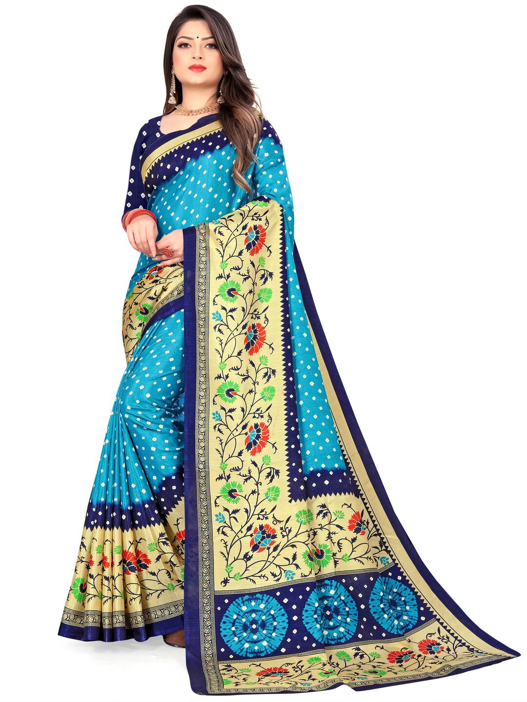 

LAHEJA Blue & Pink Bandhani Silk Blend Saree