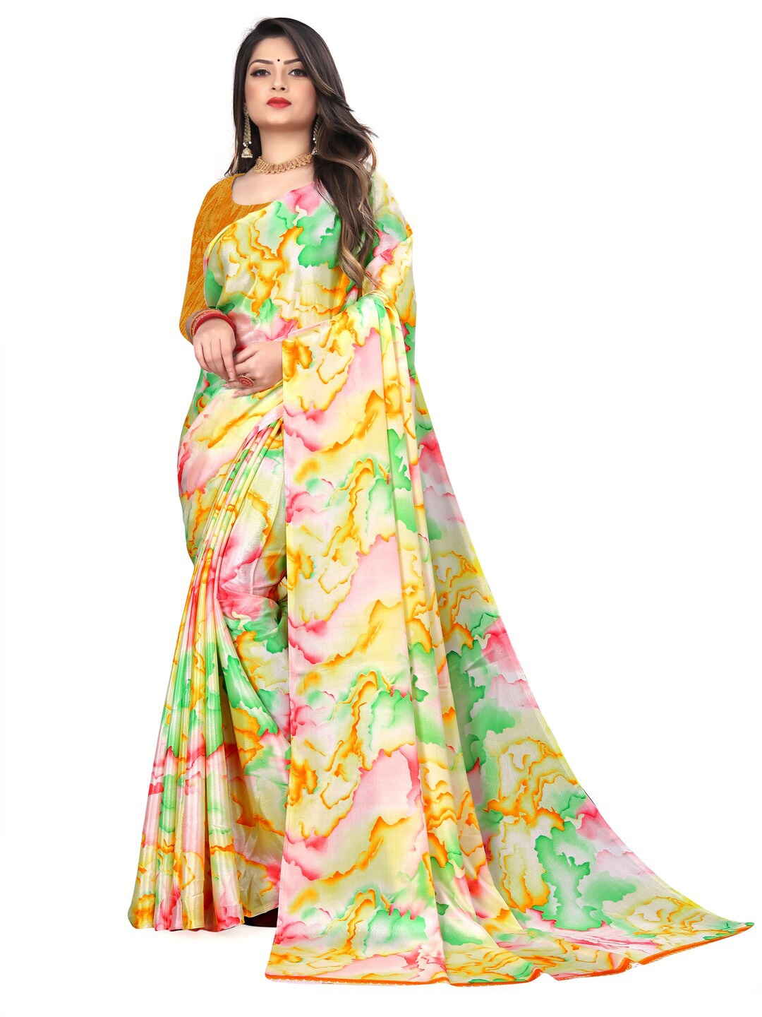 

LAHEJA Yellow & Pink Tie and Dye Silk Blend Saree