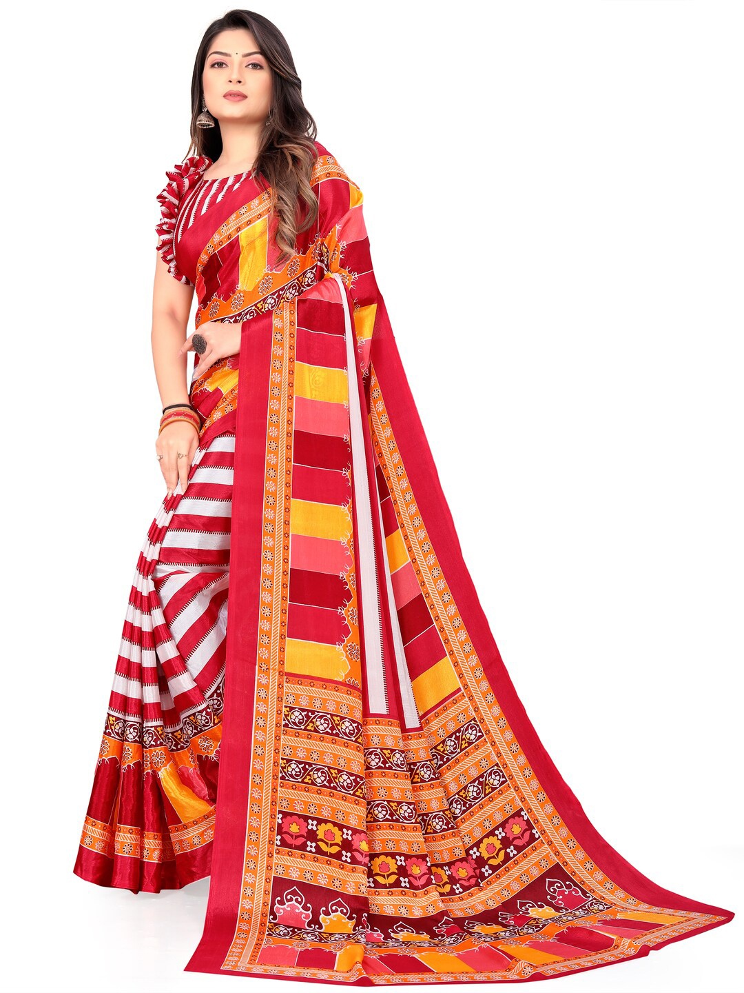 

LAHEJA Red & Yellow Floral Zari Silk Blend Saree
