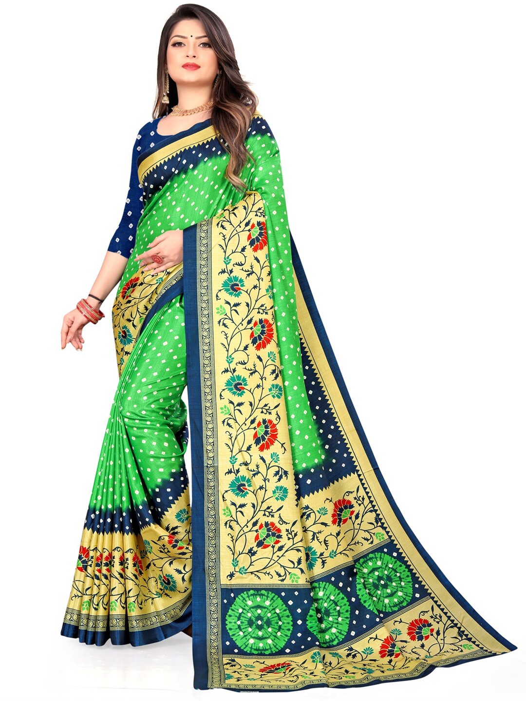 

LAHEJA Green & Blue Floral Silk Blend Saree