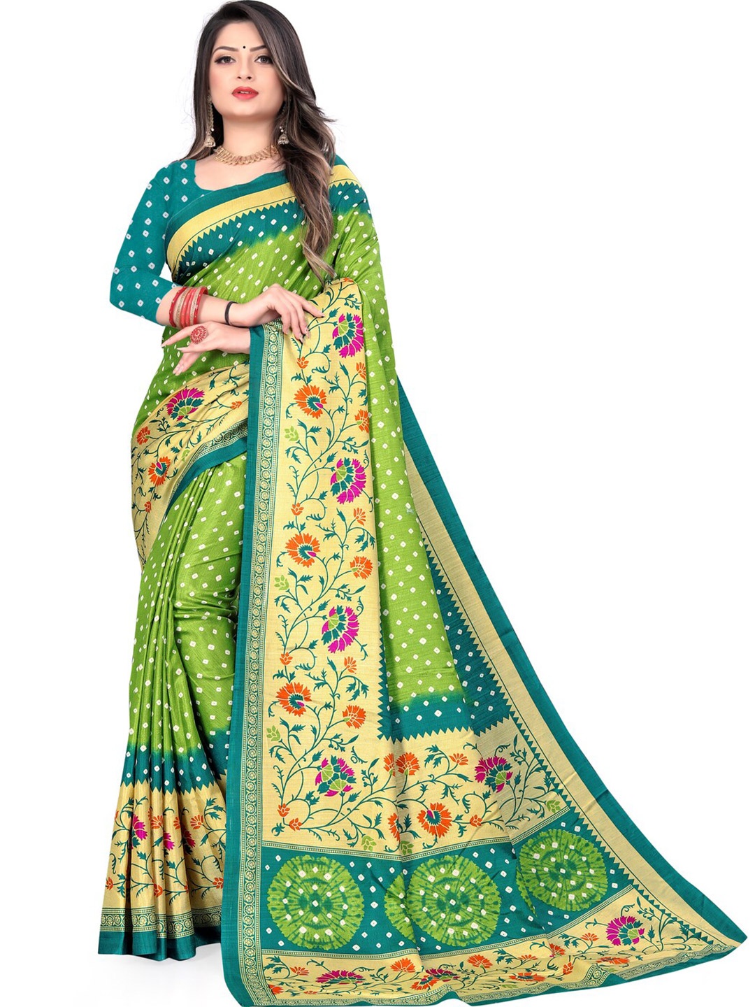 

LAHEJA Green & Blue Floral Silk Blend Saree