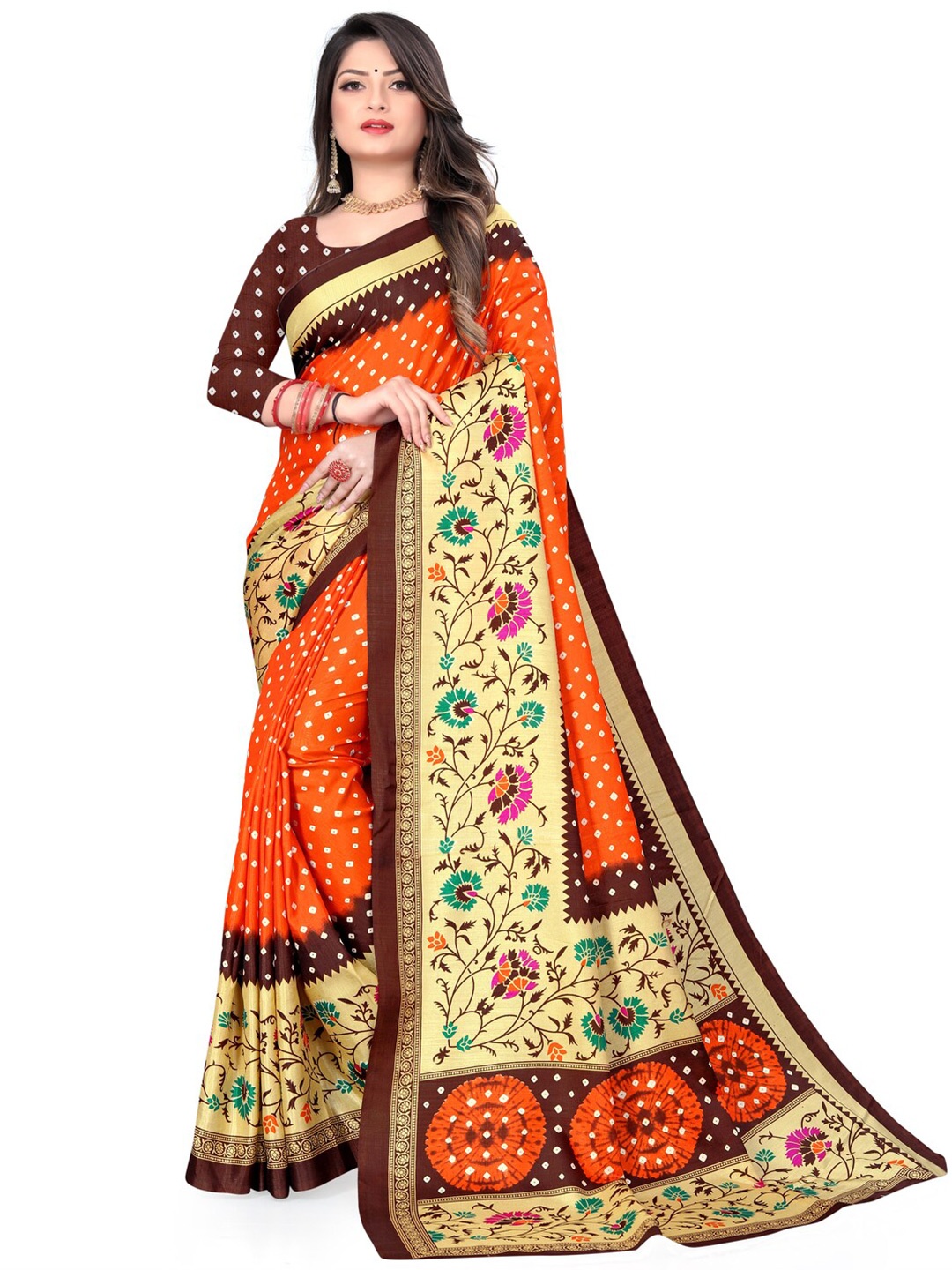 

LAHEJA Orange & Brown Floral Zari Silk Blend Saree