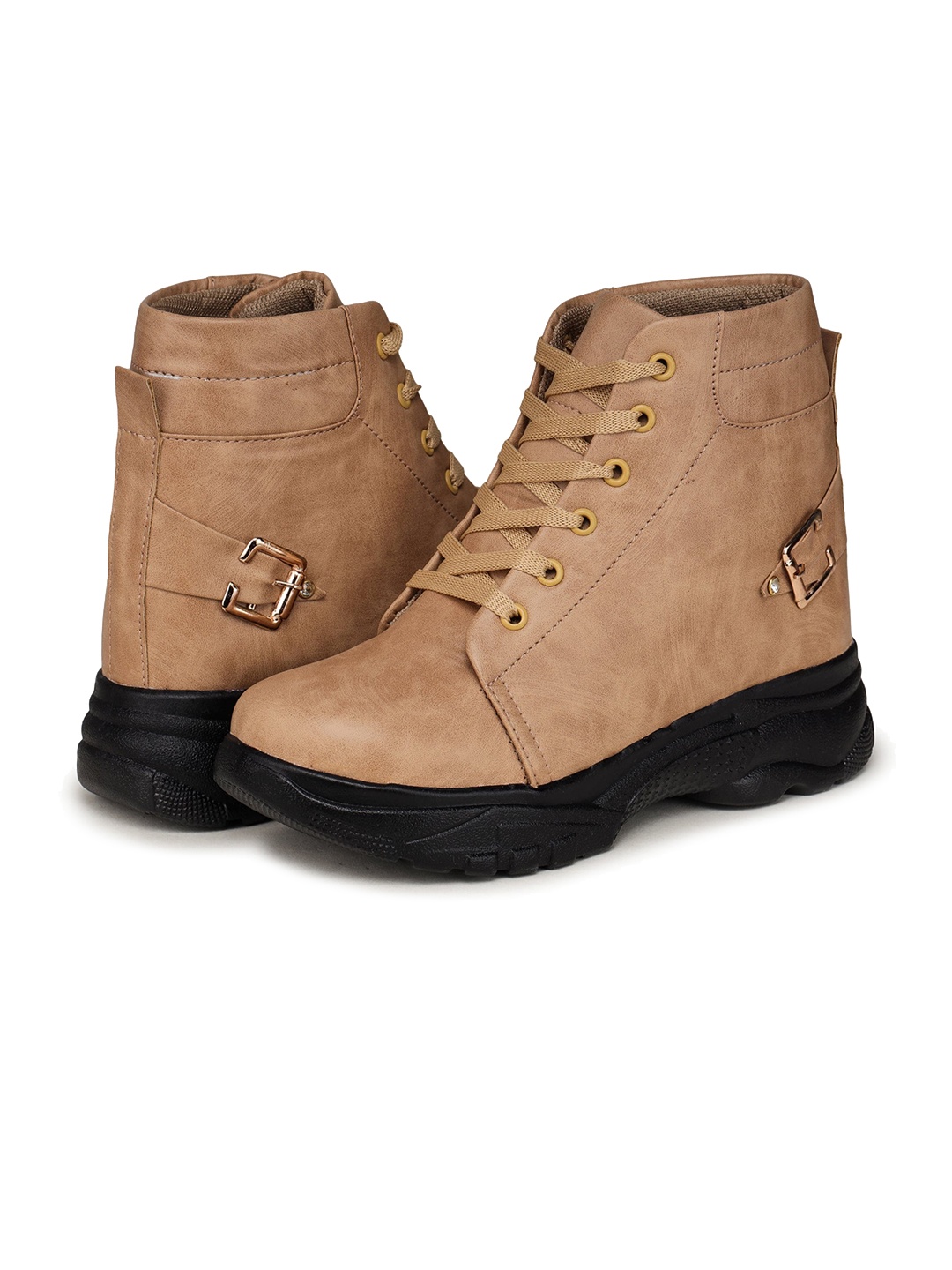 

BOOTCO Women Beige Solid High-Top Flat Boots