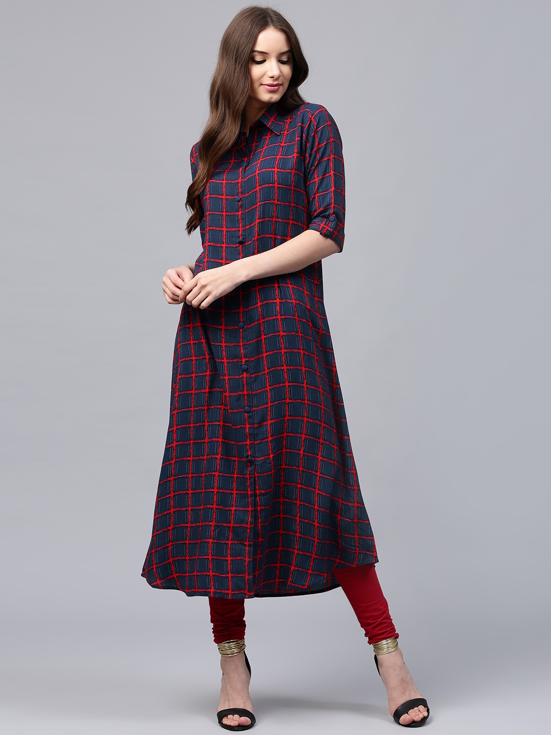 

Libas Women Navy & Red Checked A-Line Kurta, Navy blue