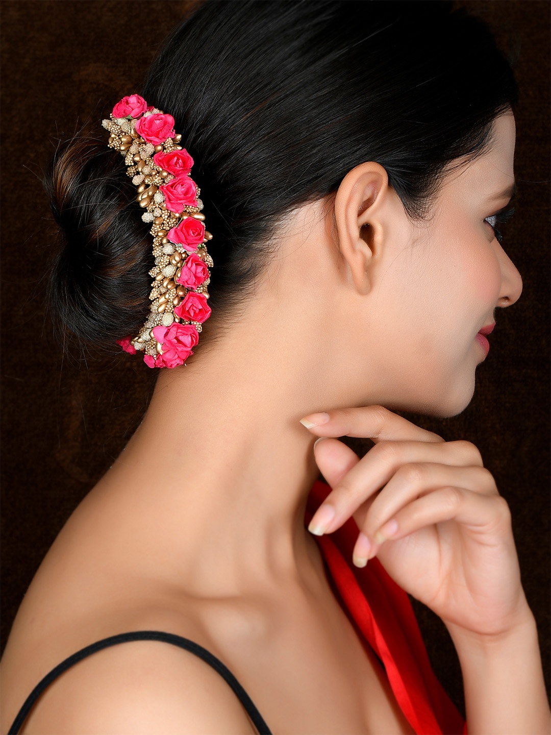 

Sanjog Women Pink & Gold Embellished Hair Accessory Flower Gajra