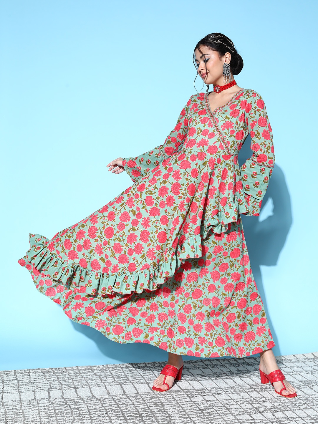 

Yufta Green & Red Floral Layered Cotton Maxi Dress