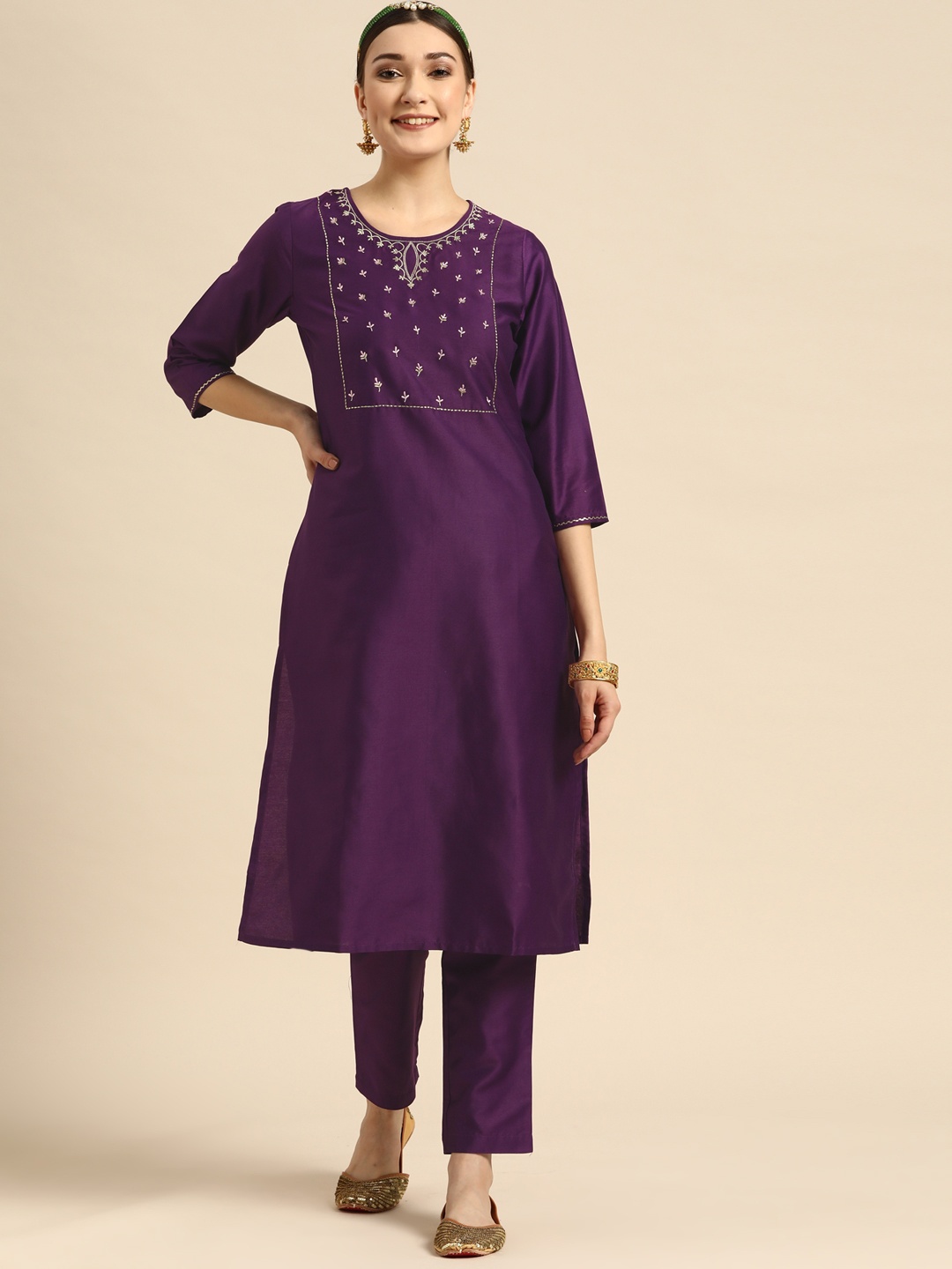 Sangria Women Purple Ethnic Motifs Embroidered Kurta with Trousers