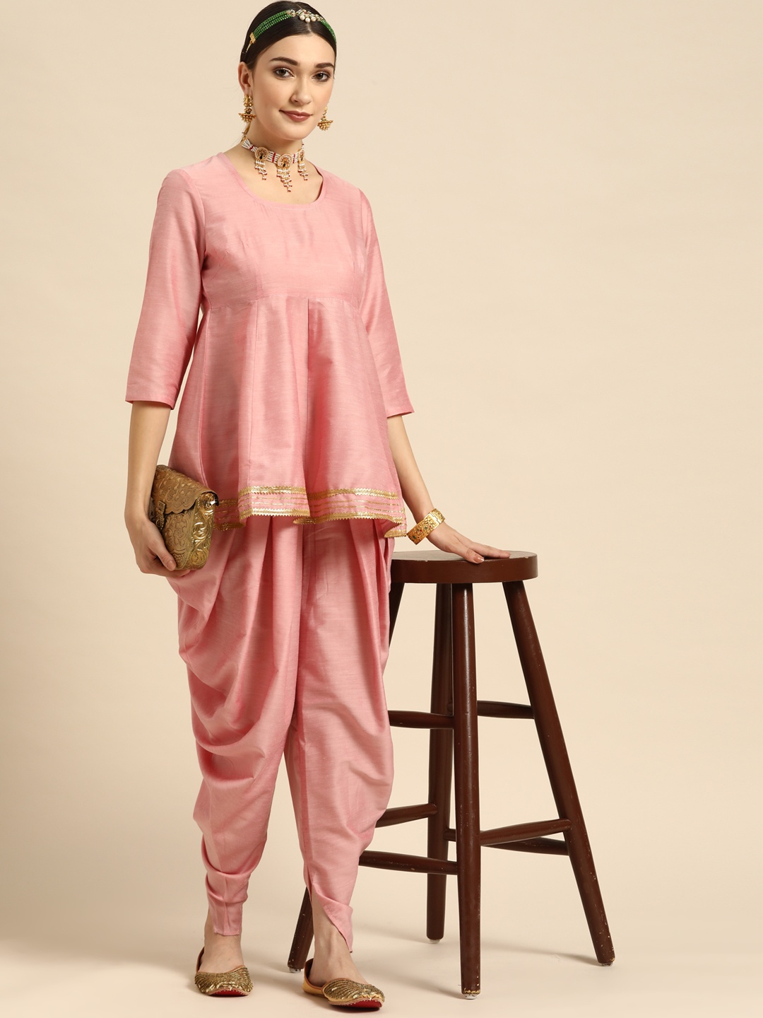 

Sangria Women Dusty Pink Pleated Gotta Patti Kurti with Dhoti Pants