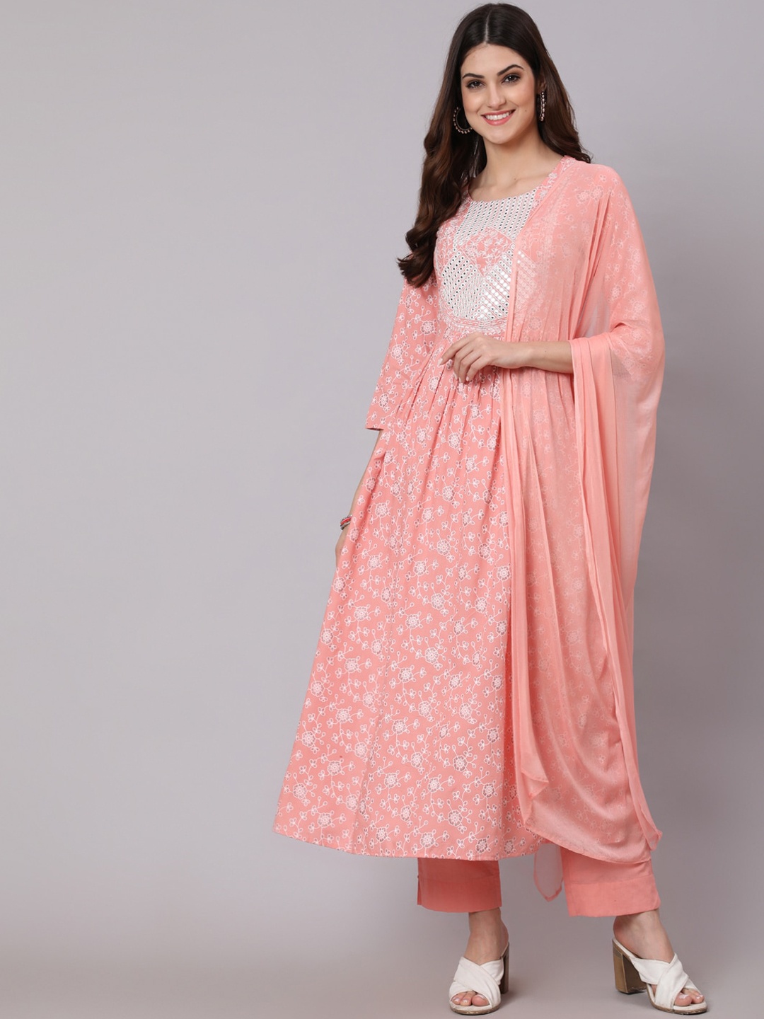 

GULMOHAR JAIPUR Women Peach-Coloured Panelled Kurta with Trousers & With Dupatta