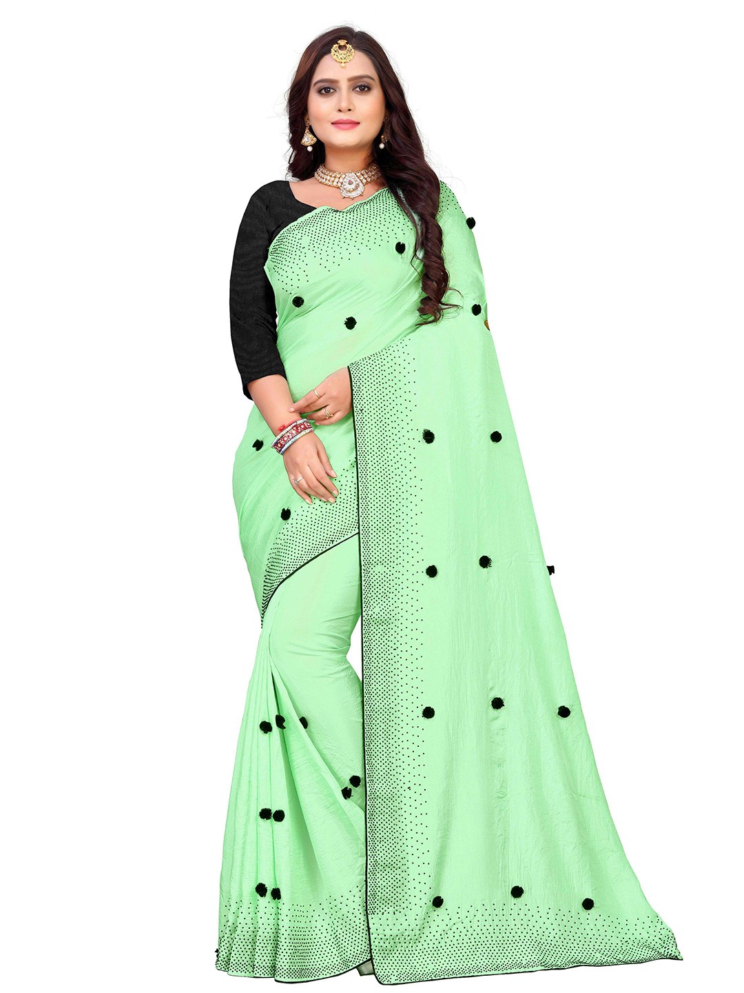 

M M Venture Lime Green & Black Embellished Silk Blend Venkatgiri Saree