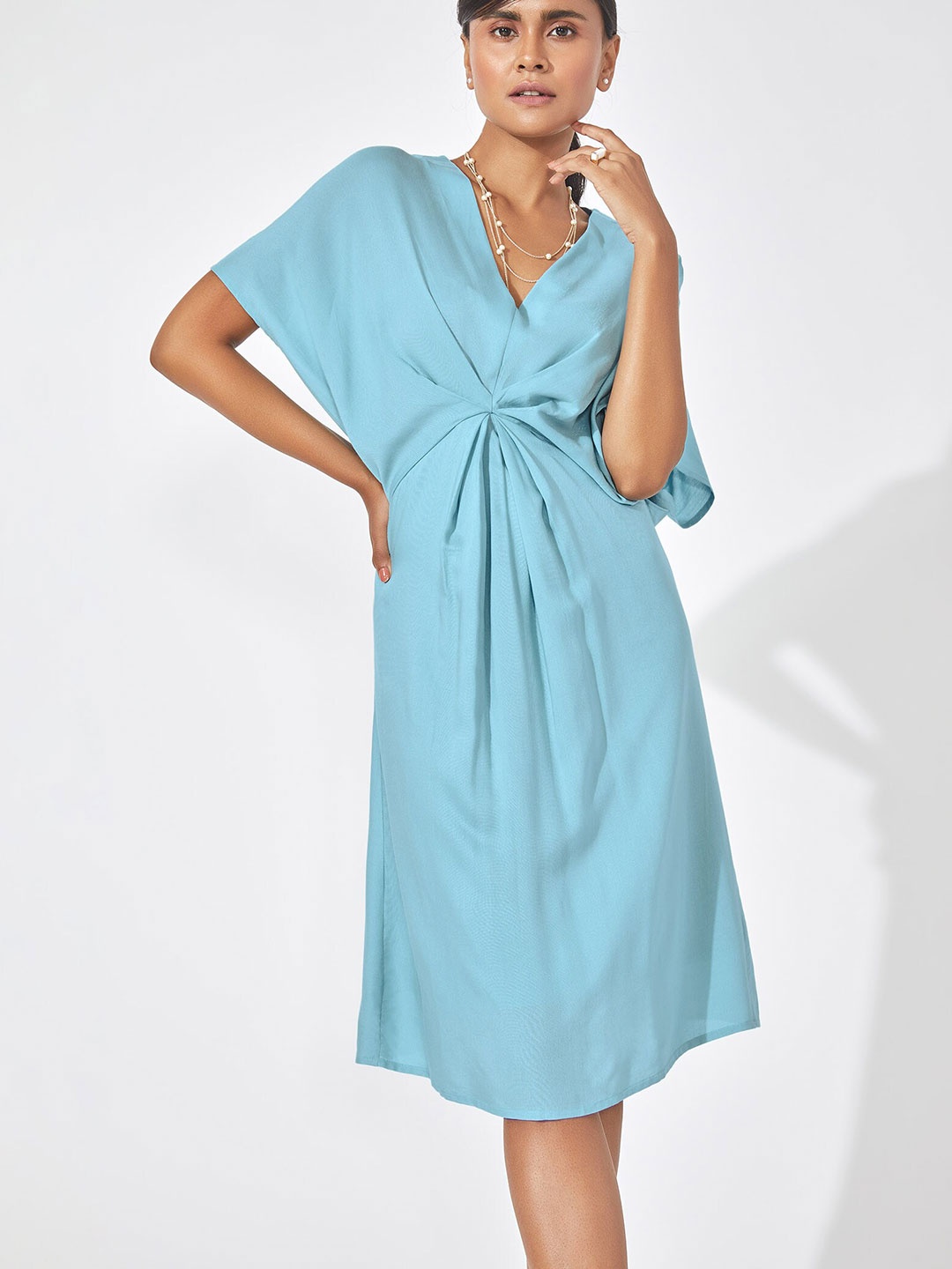 

The Label Life Women Aqua Blue Gathered Dress