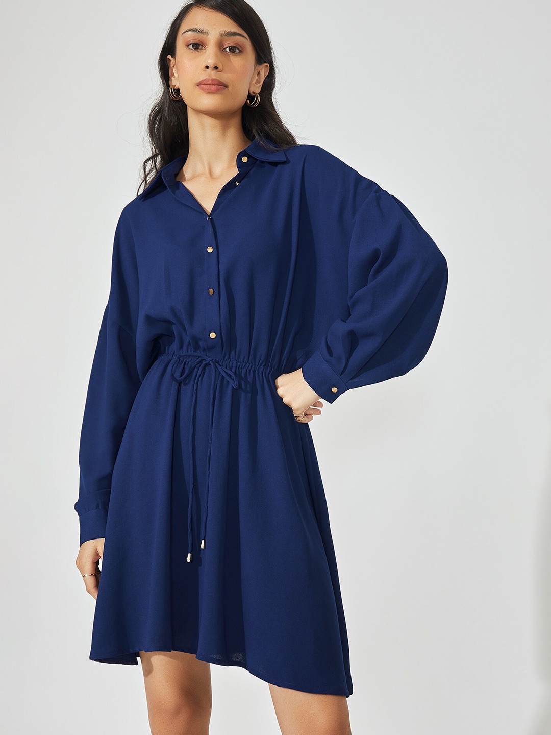 

The Label Life Blue Crepe Drawstring Shirt Midi Dress