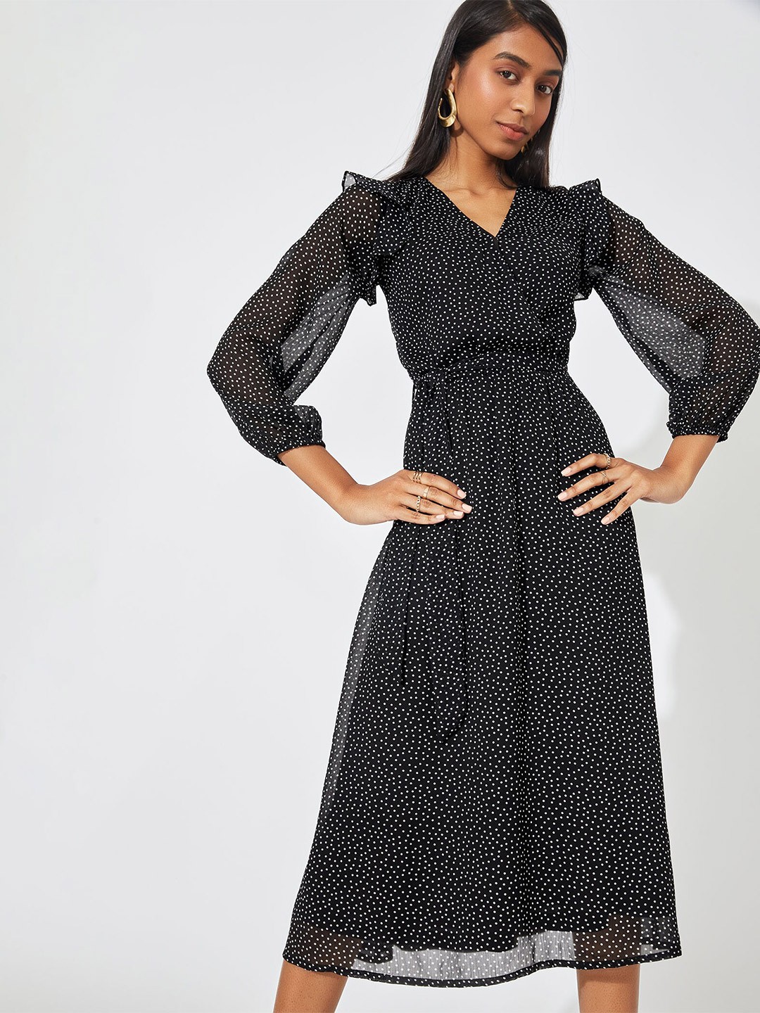 

The Label Life women's Black Polka Dot Overlap Front Tie Midi Dress