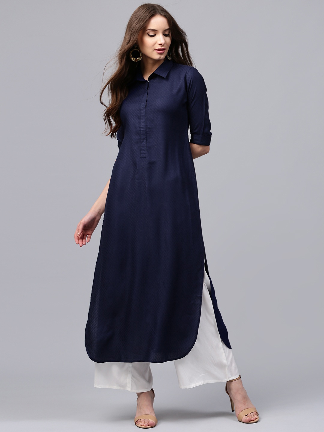 

Libas Women Navy Blue Self-Design Pathani Kurta