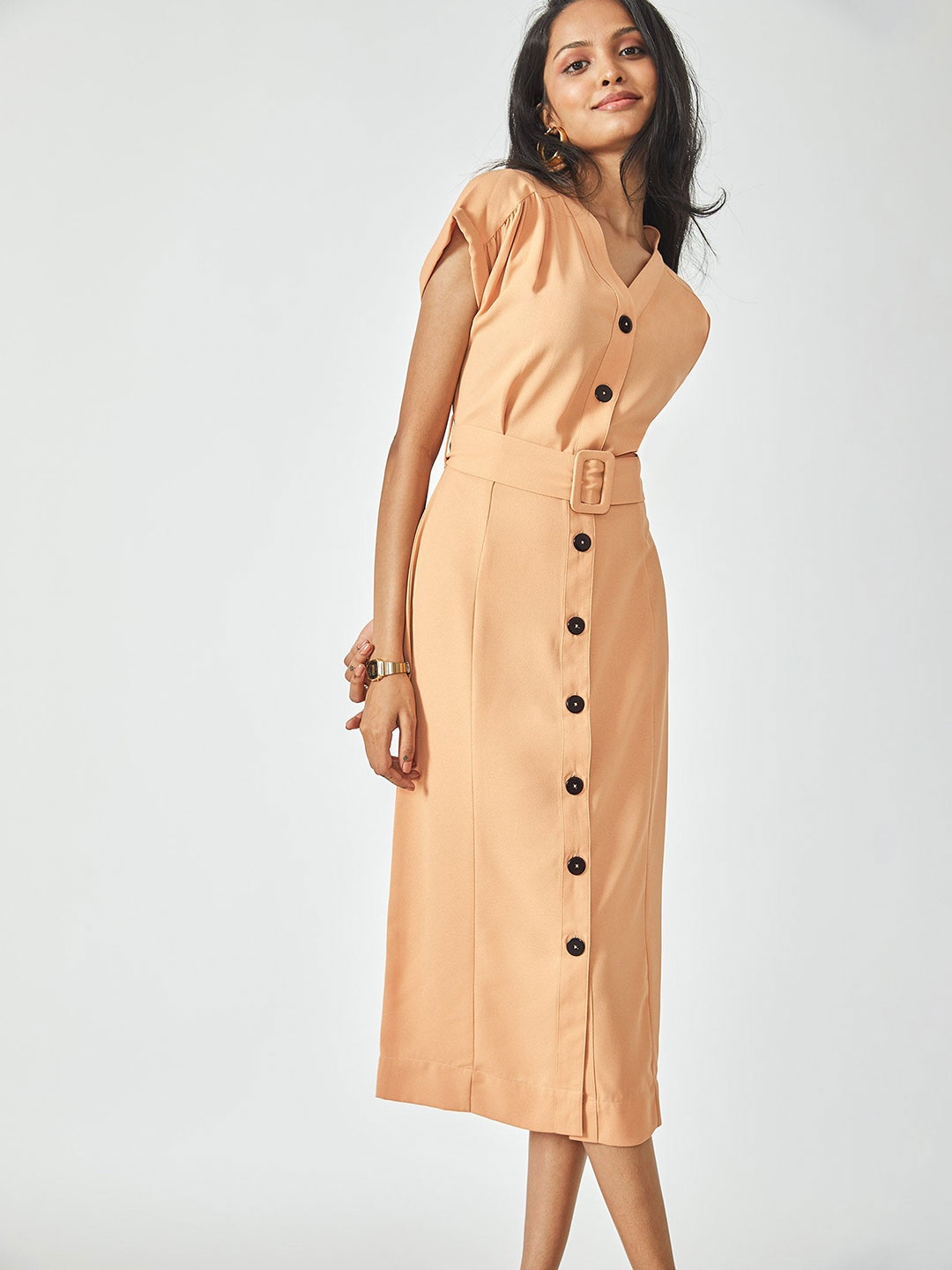 

The Label Life Beige Crepe Button Down Shirt Midi Dress