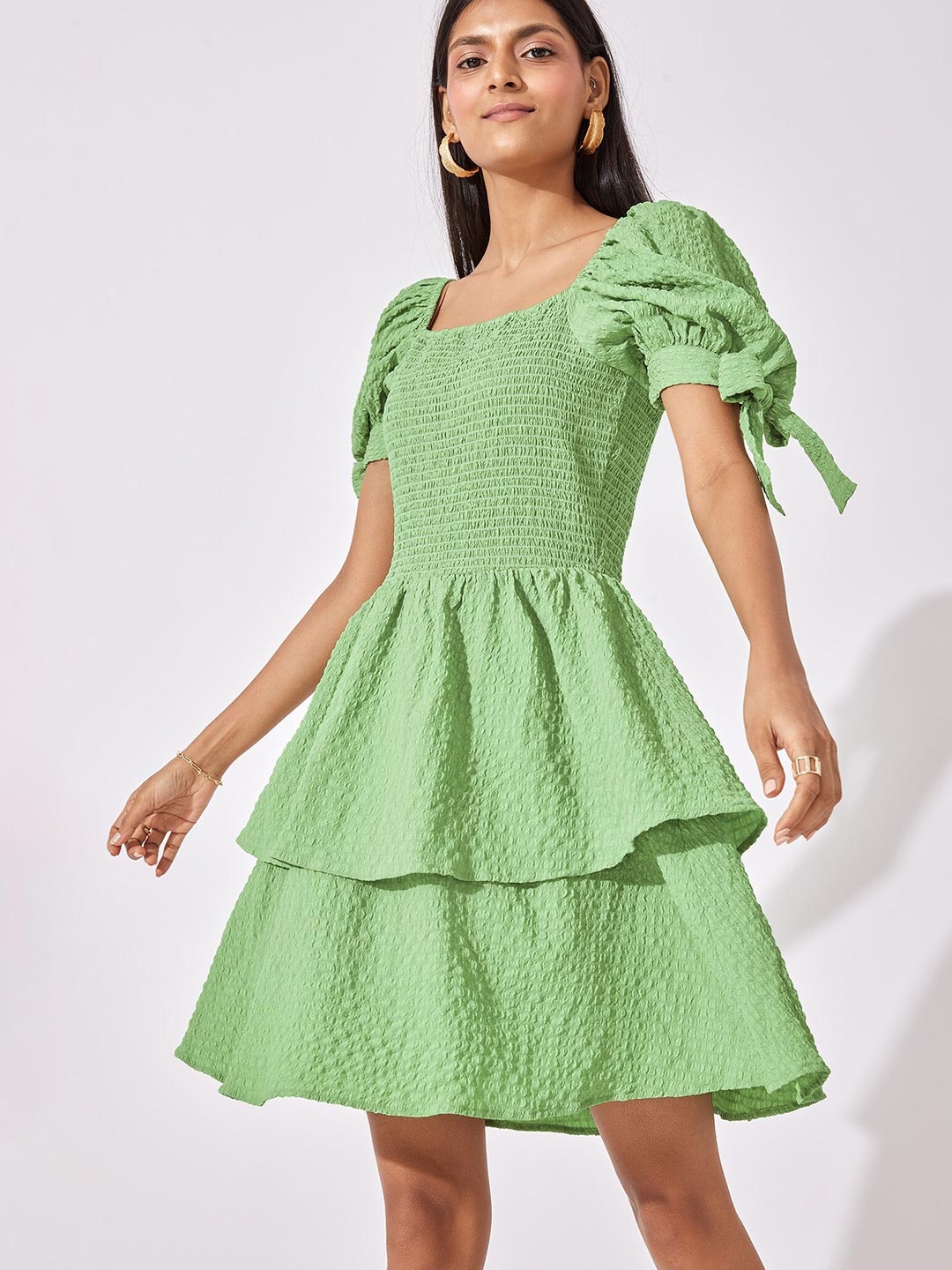 

The Label Life Green Leaf Tie Up Sleeve Mini Dress