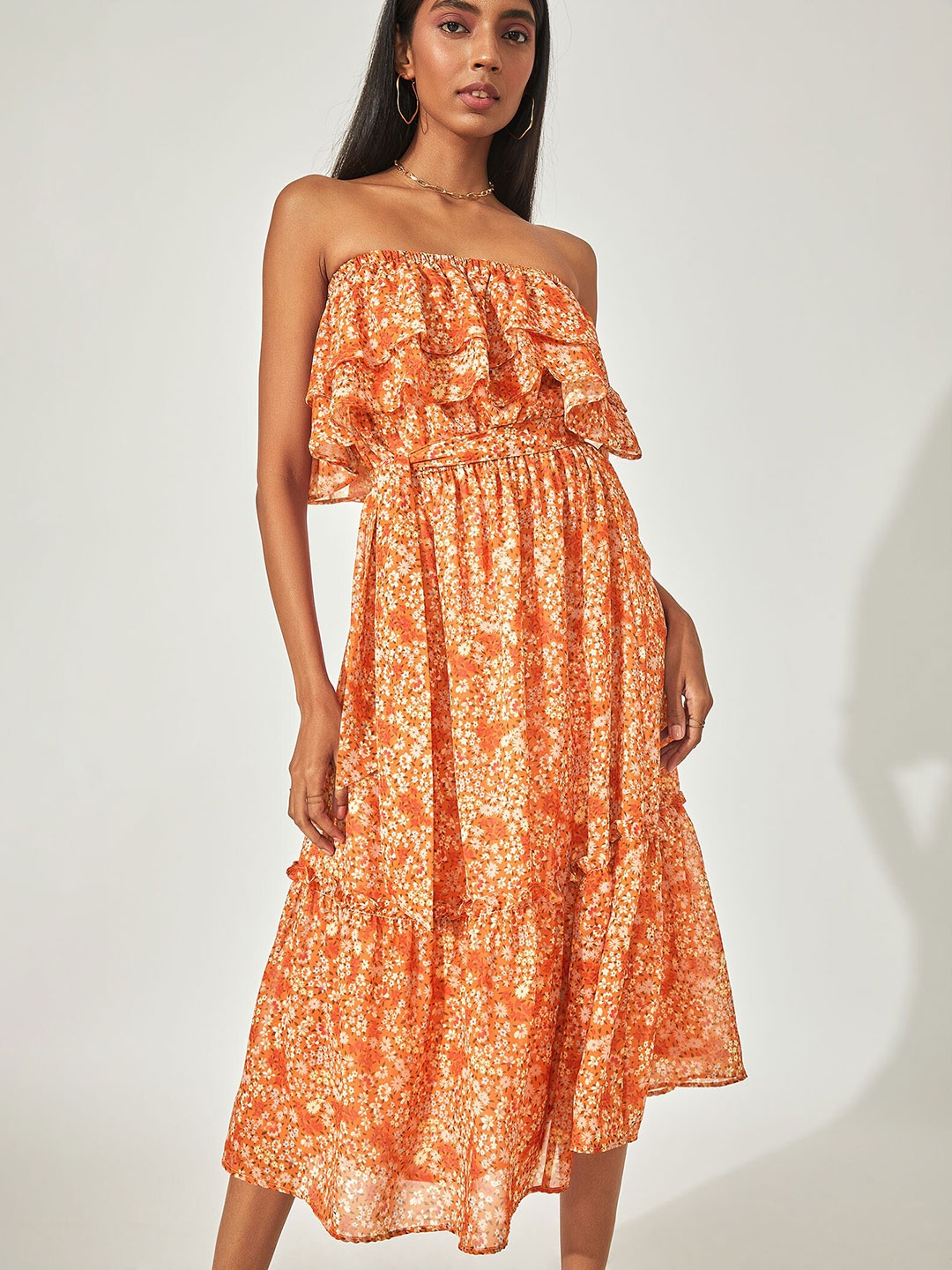 

The Label Life Orange Floral Ruffle A-Line Midi Dress