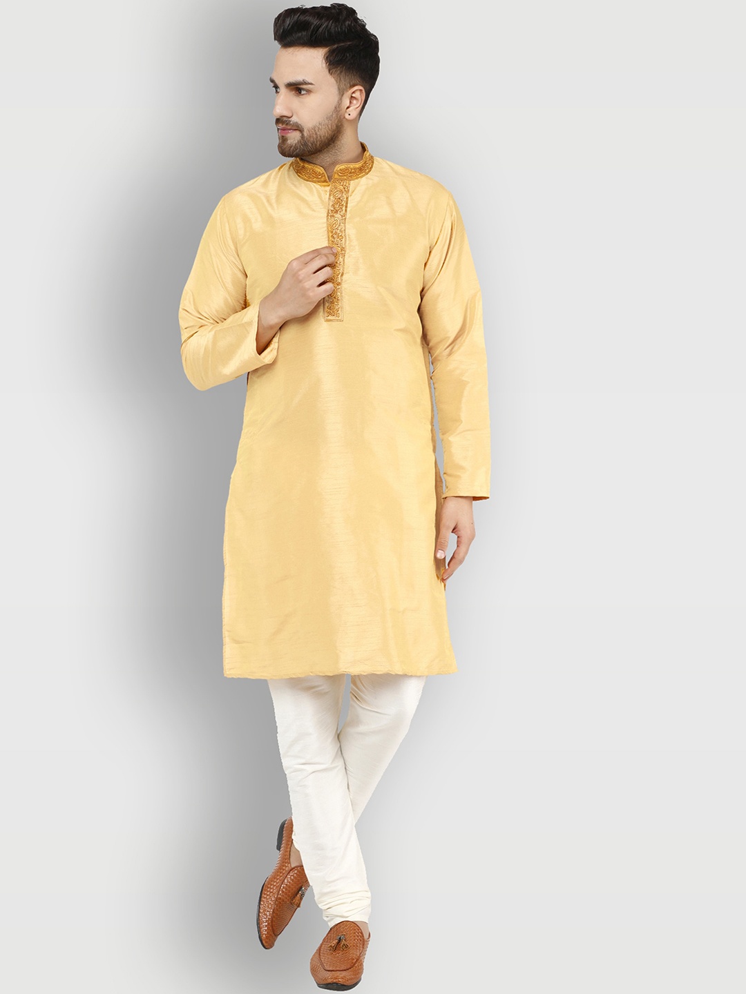 

Enciger Men Beige Thread Work Dupion Silk Kurta with Pyjamas