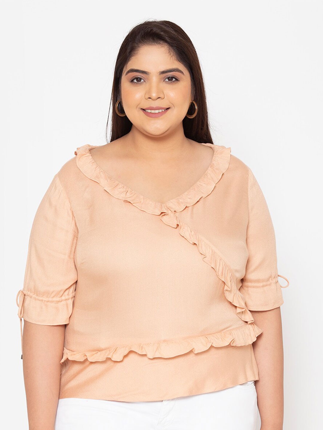 

Womauraa Plus Size Cream-Coloured Solid Top