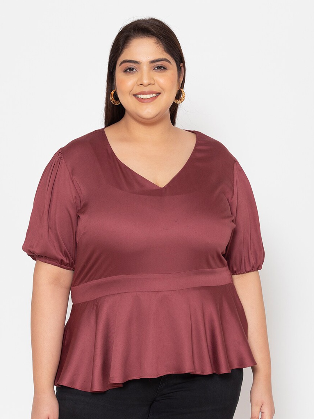 

Womauraa Plus Size Woman Maroon Peplum Top