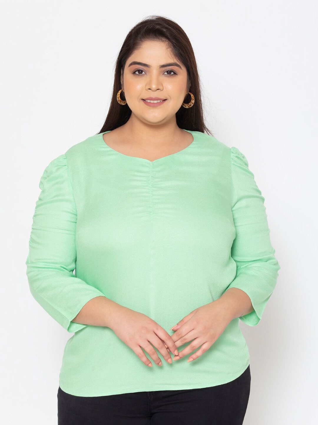 

Womauraa Plus Size Green Ruched Sleeves Top