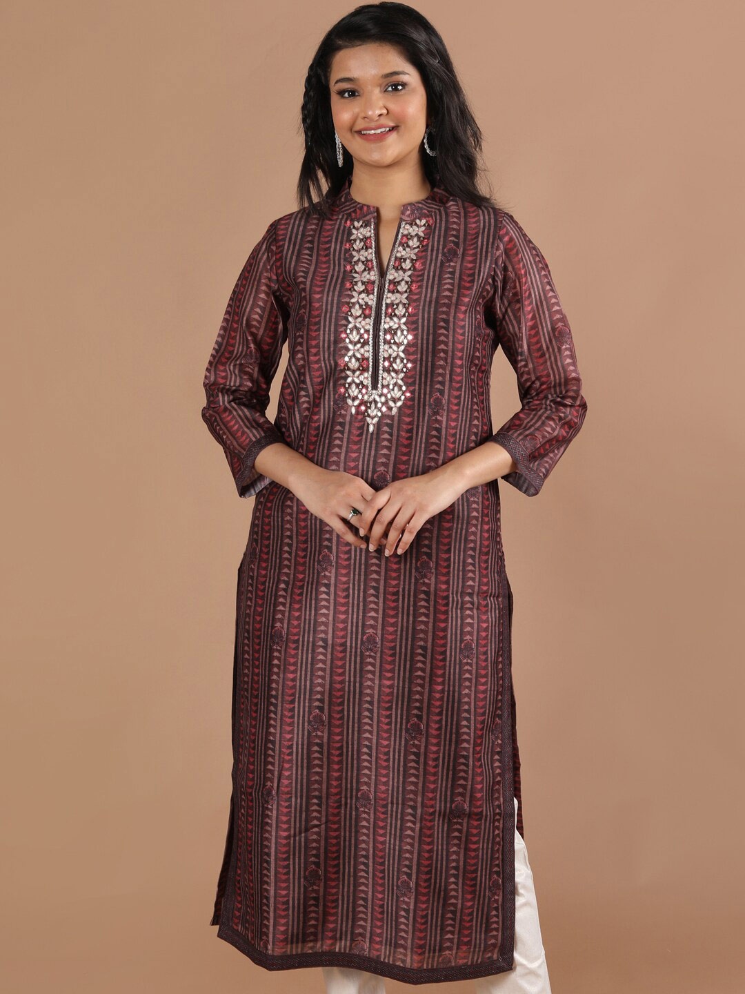 

taruni Women Brown Yoke Design Mirror Work Kurta