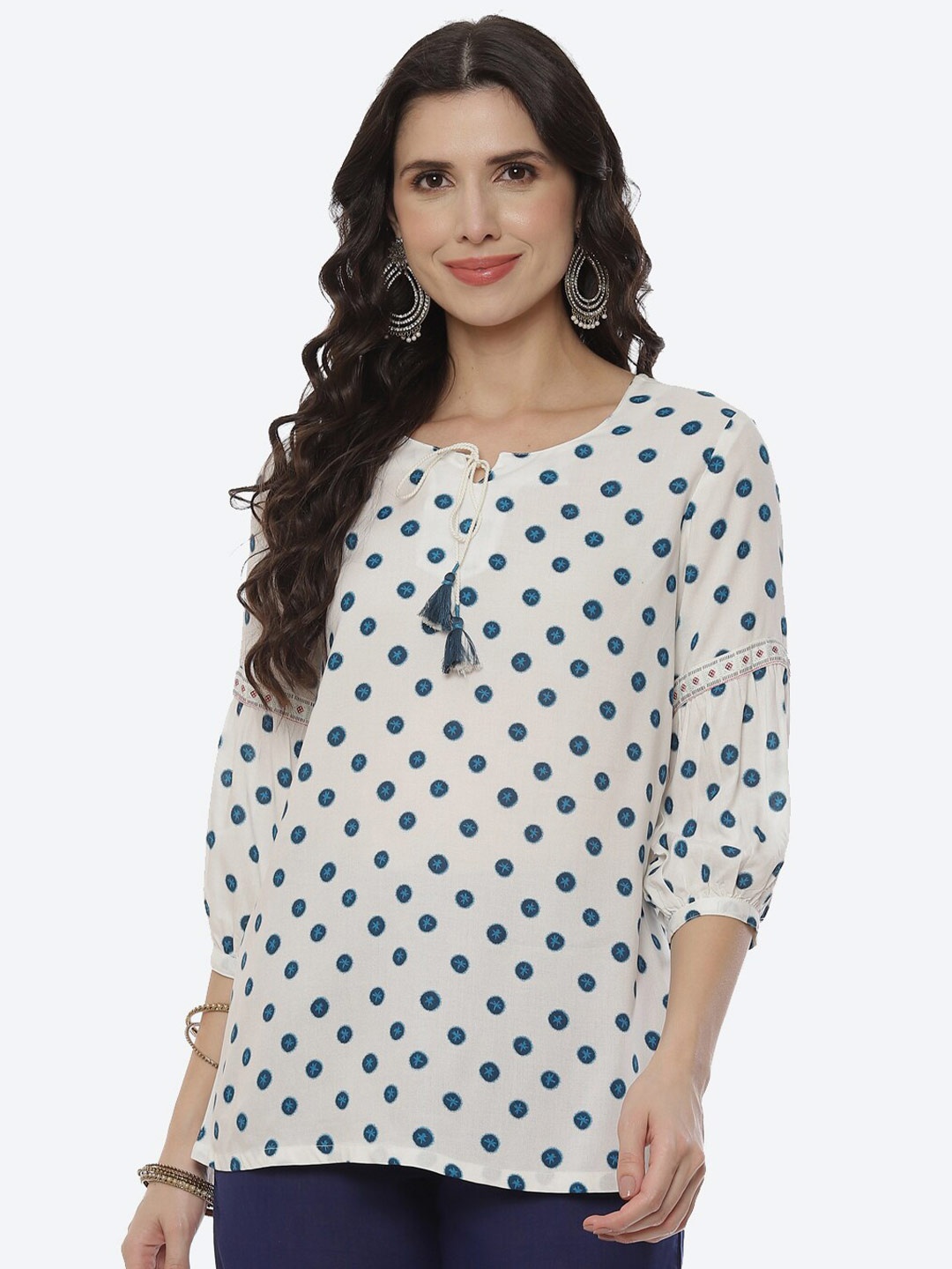 

Rangriti White Print Keyhole Neck Top
