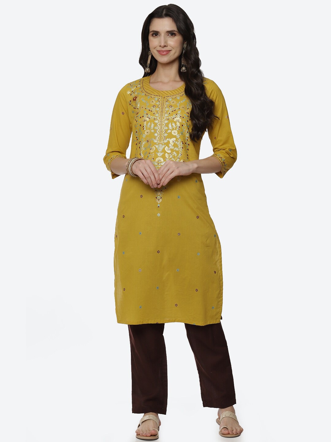 

Rangriti Women Mustard Yellow & Gold-Toned Floral Printed Kurta