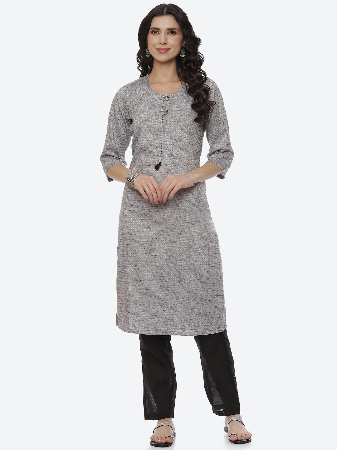 

Rangriti Women Grey Woven Design Straight Kurta