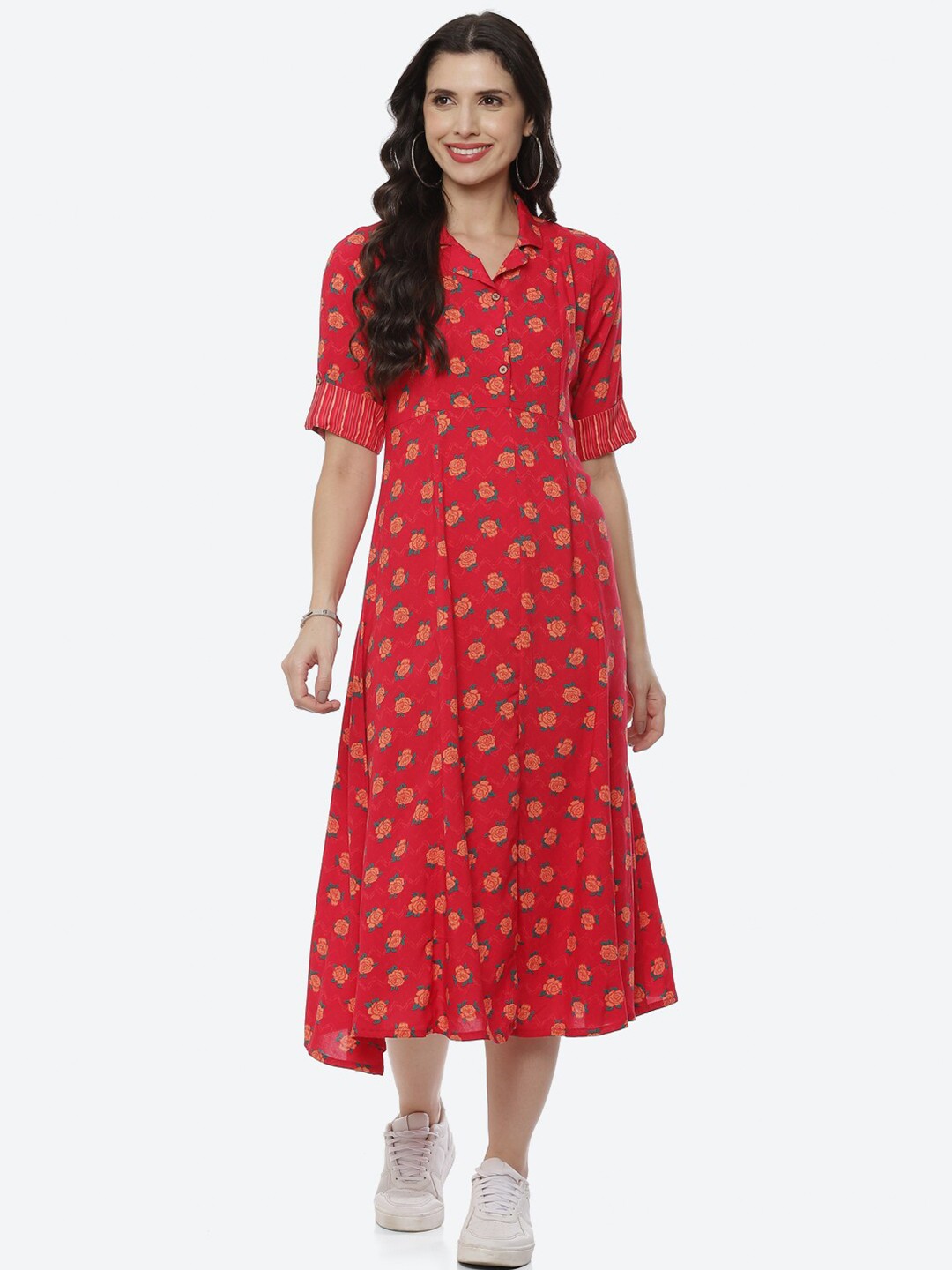 

Rangriti Red Floral Shirt Midi Dress