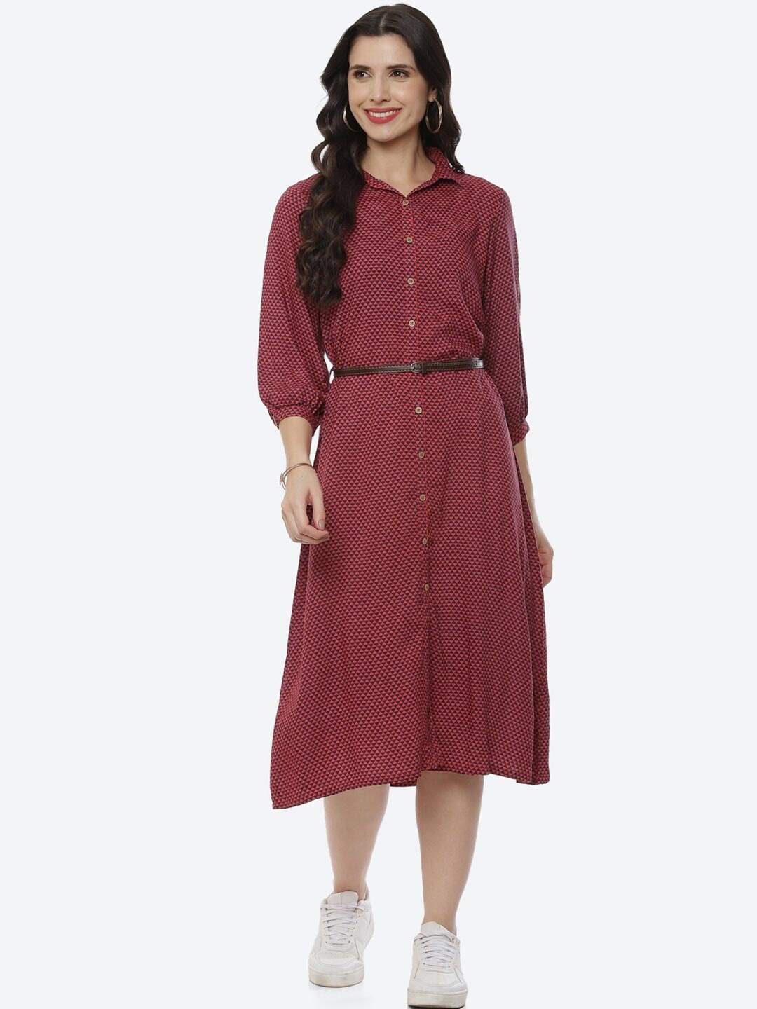 

Rangriti Maroon Shirt Midi Dress with waist belted