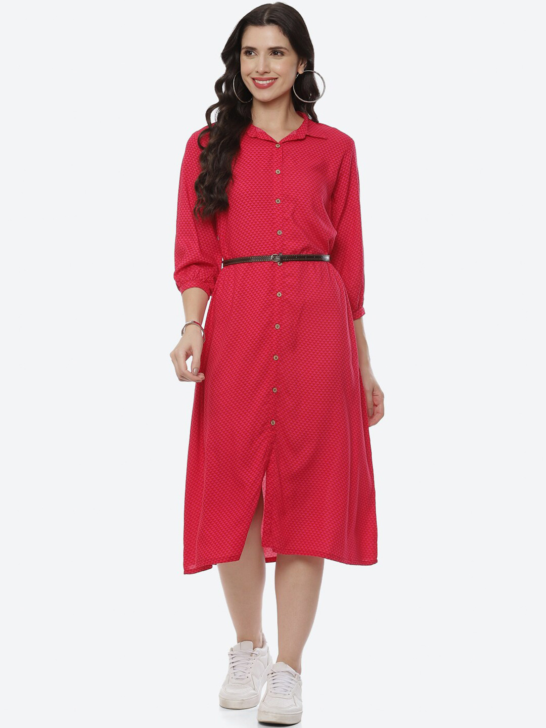 

Rangriti Women Fuchsia Shirt Midi Belted Dress