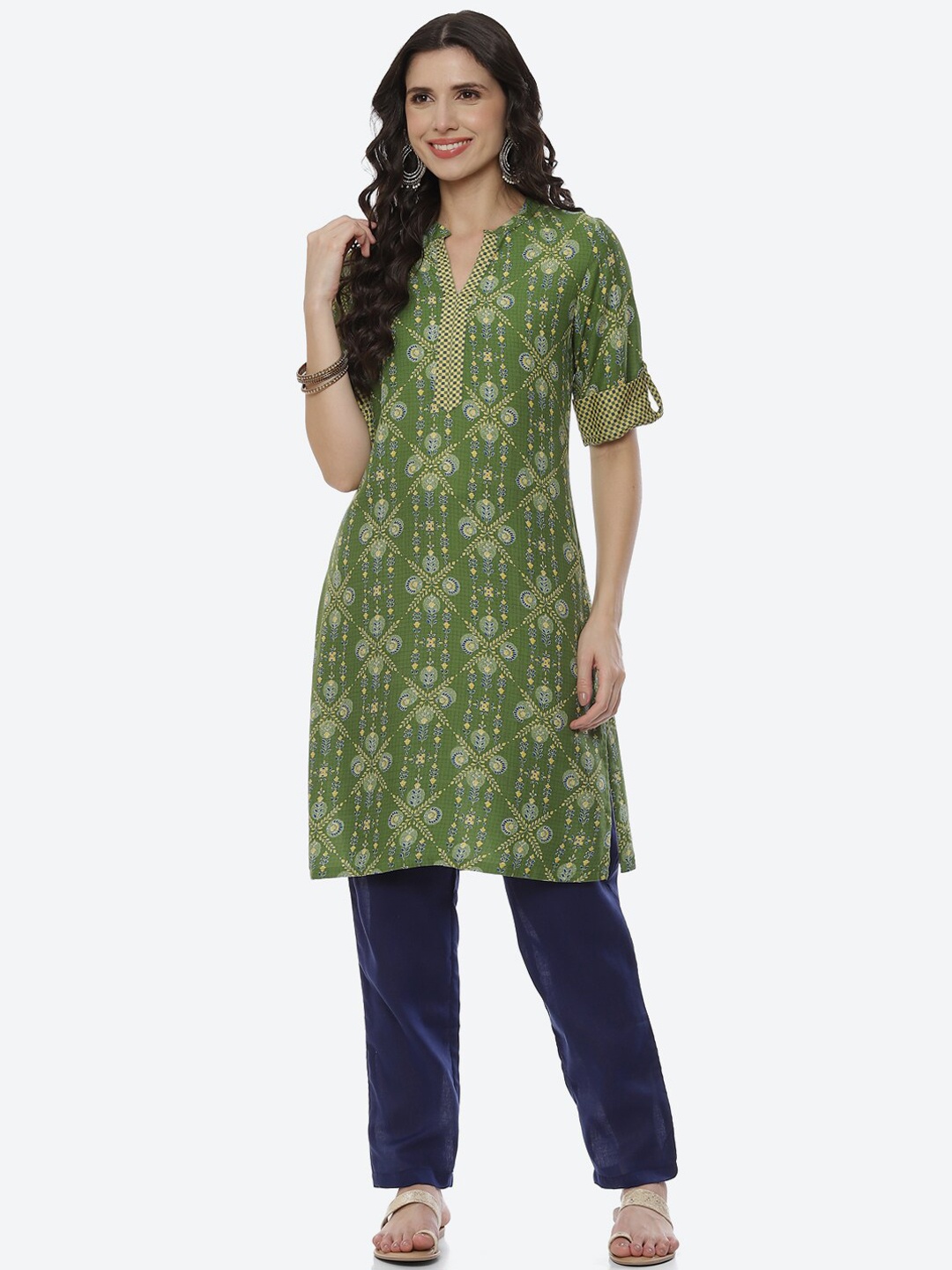 

Rangriti Women Lime Green Floral Printed Kurta