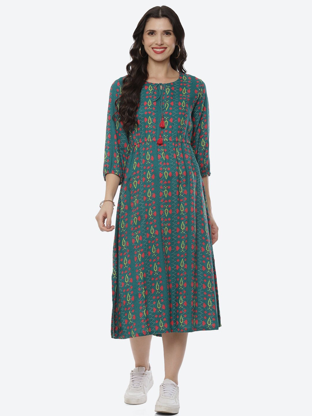 

Rangriti Teal Ethnic Motifs A-Line Midi Round Neck Tie Up Dress
