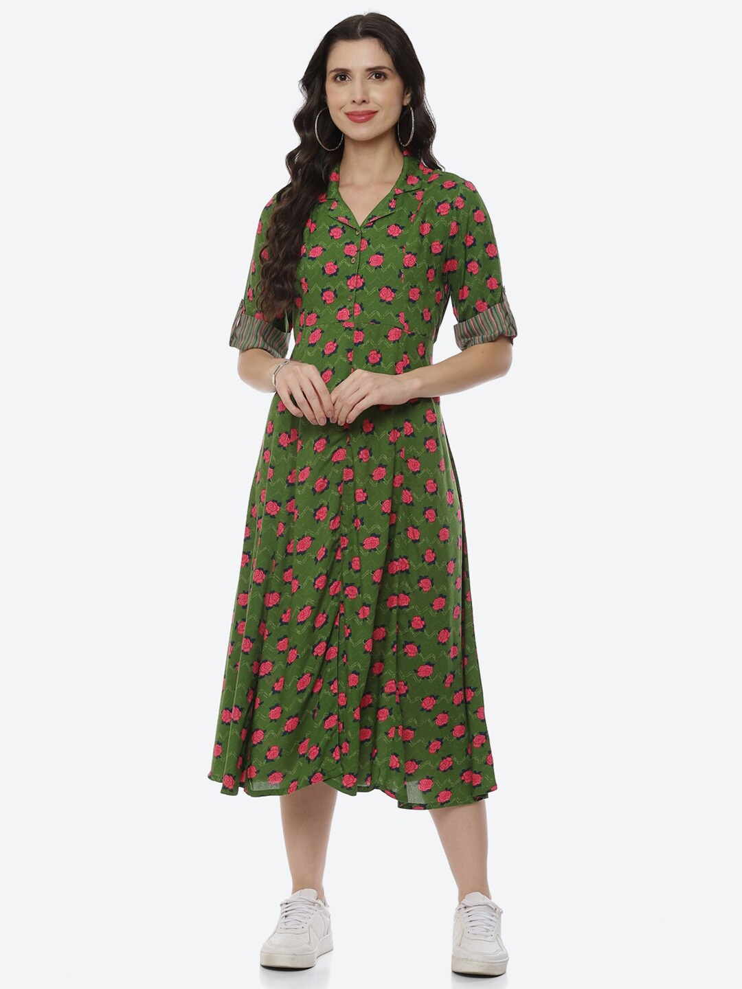 

Rangriti Green & Pink Floral A-Line Midi Dress