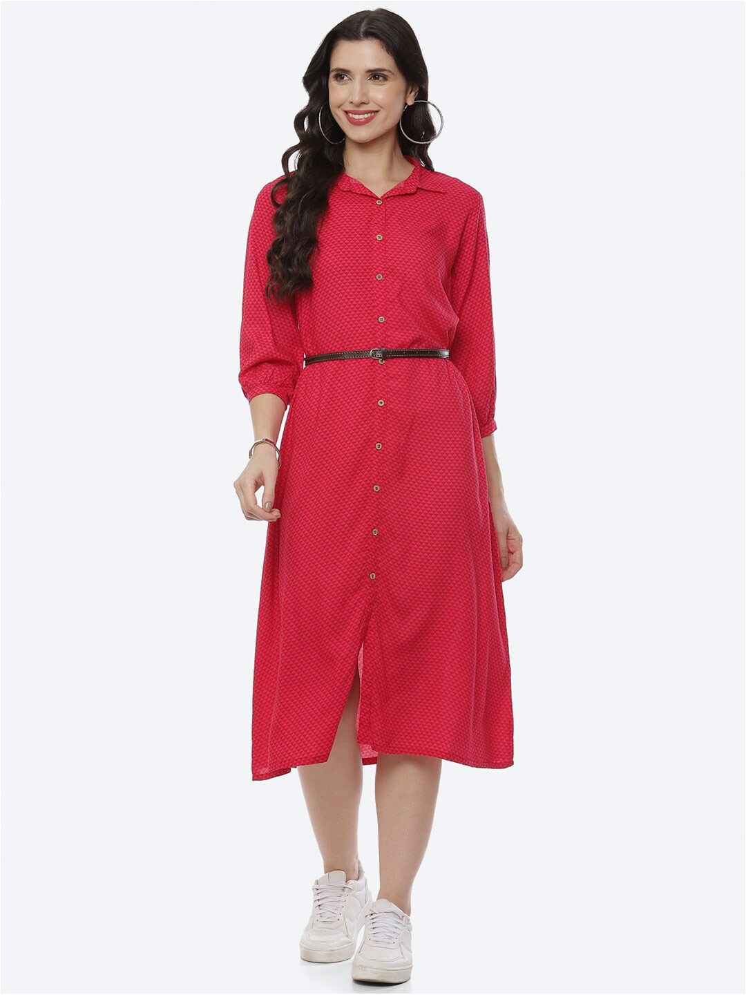 

Rangriti Women Fuchsia Shirt Midi Belted Dress