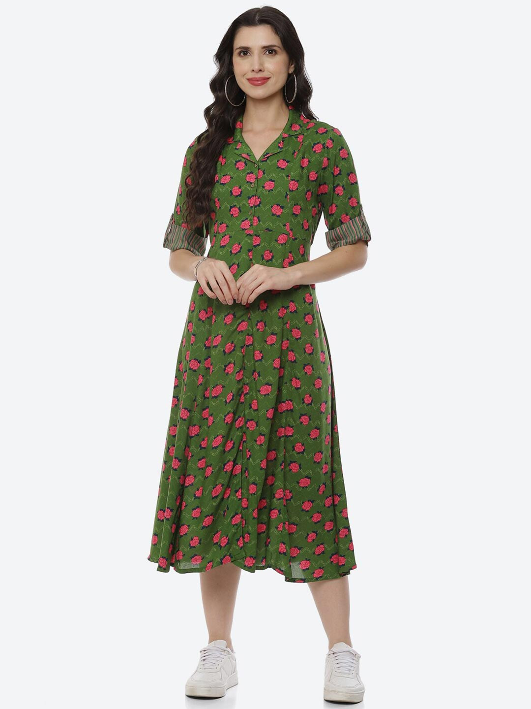 

Rangriti Green Floral A-Line Midi Dress