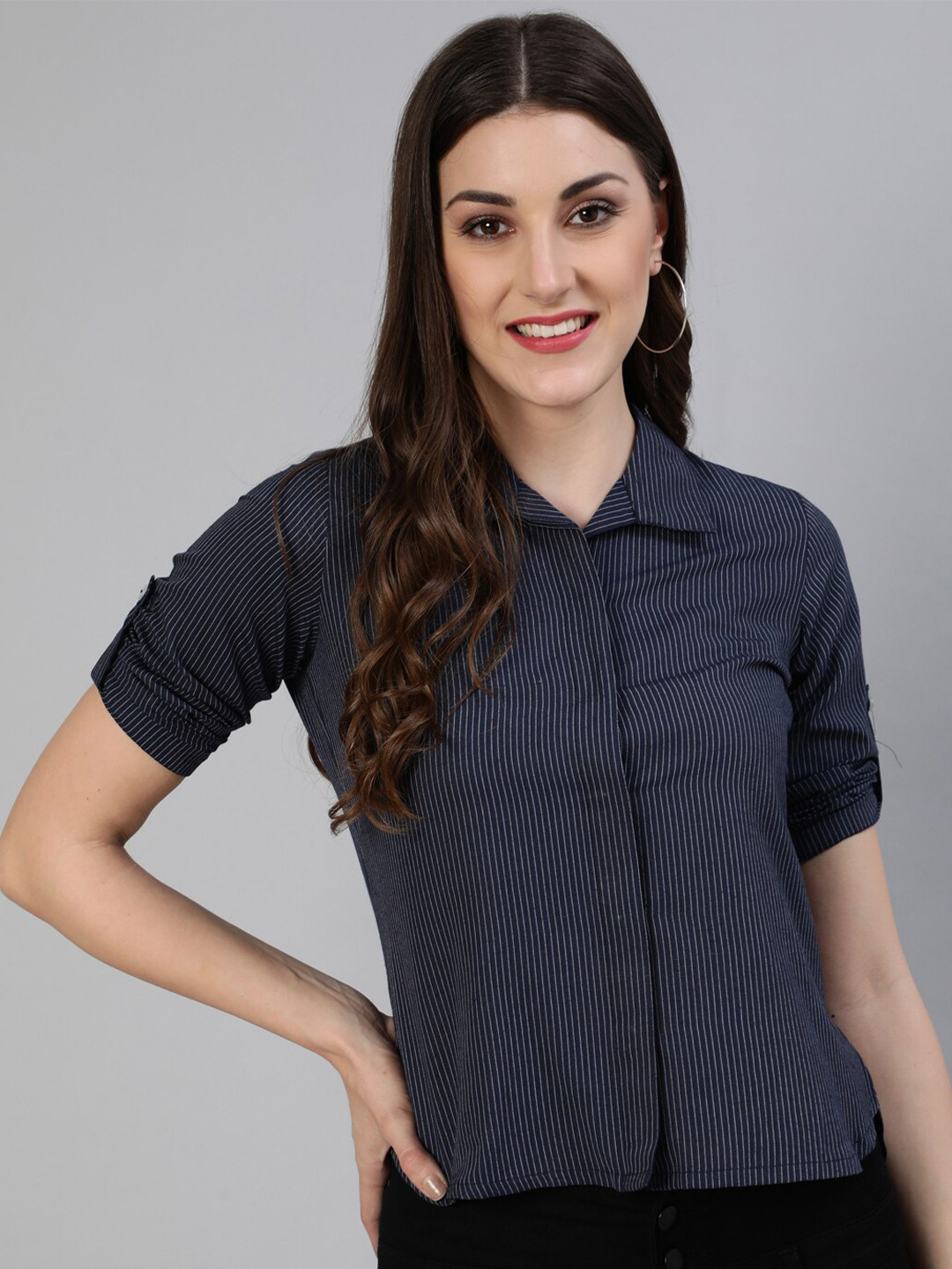 

Jaipur Kurti Women Blue Striped Cotton High-Low Casual Shirt